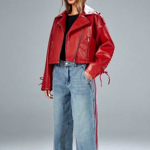 Red lace up details faux leather biker jacket - Picture 6 of 7